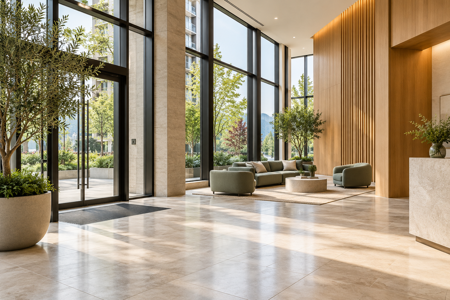 Illustrative image of a bright, contemporary lobby with stone floors, oak details and green seating